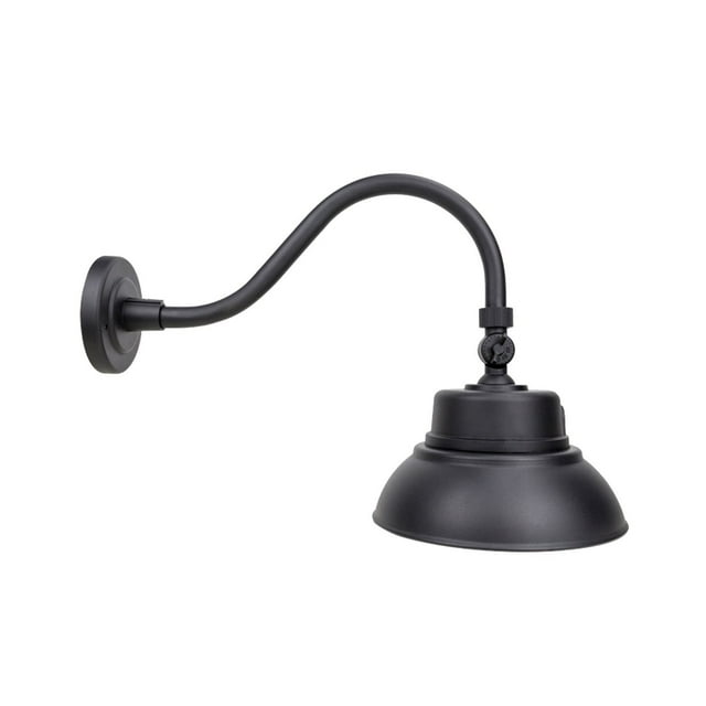 Xtricity LED Outdoor Security Fixture, a flood light with 2000 lumens, 25W power, and 5000K daylight color temperature. Features a curved black metal arm and dome-shaped light head, designed for outdoor use with waterproof construction and a lifespan of 50,000 hours.