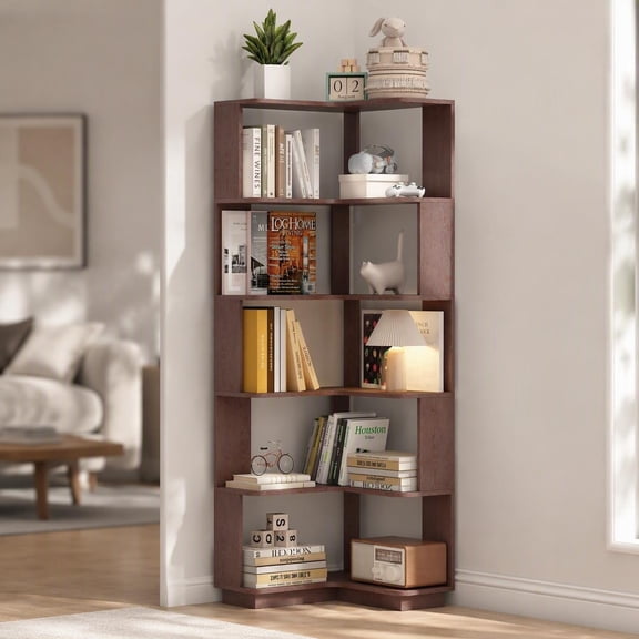 6-Tier L-Shaped Corner Bookshelf with Anti-Tip Safety, Wood Grain Finish, Open Display Storage for Living Room, Bedroom, Home Office, Dark Red