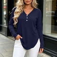 thumbnail image 2 of hoksml Women's V Neck Henley Long Sleeve T Shirt, 3 Button Front Curved Hem Casual Blouse, Loose Fit Basic Top Solid Colors, 2 of 6