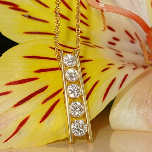 Diamond Vertical Bar Pendant Necklace 14K Gold Plated
