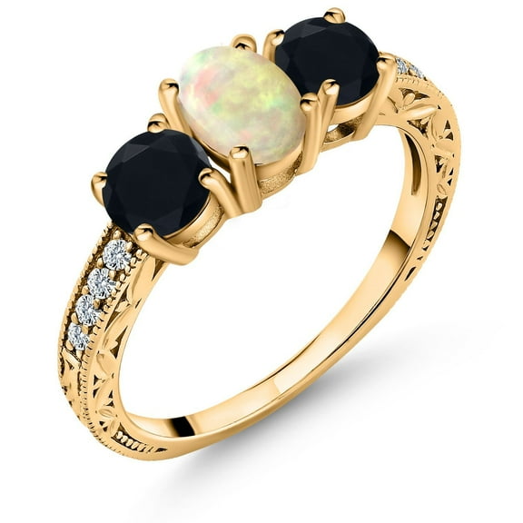 Gem Stone King 1.58 Cttw Oval Cabochon White Ethiopian Opal and Black Onyx Ring for Women | 18K Yellow Gold Plated Silver | Wedding Engagement Anniversary Promise Ring for Women | Size 5