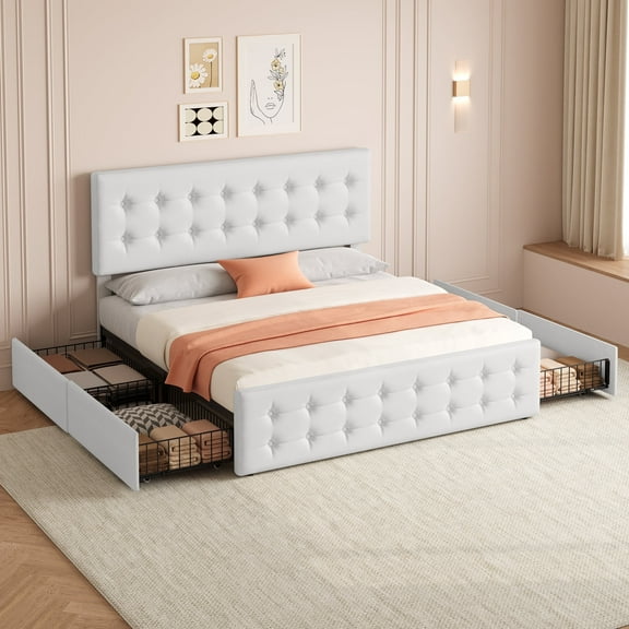 WhizMax Full Size Faux Leather Bed Frame with 4 Storage Drawers, Button Tufted Adjustable Headboard, Wooden Slats Support, No Box Spring Needed, White