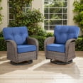 thumbnail image 2 of POCASSY Swivel Patio Chairs Set of 2, Wide Backrest Outdoor Swivel Glider Rocking Chairs with All Weather Brown Wicker with Comfort 5" Thick Cushion for Porch Balcony, Blue Cushion, 2 of 11