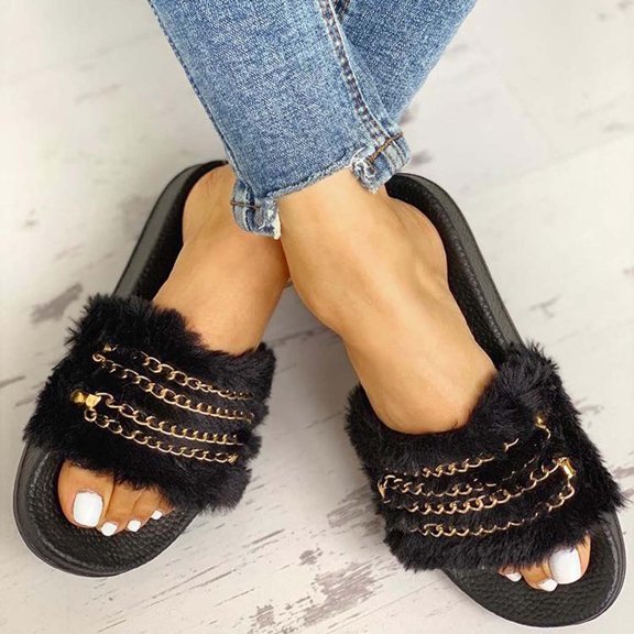 EQWLJWE Women's Summer Chain Furry Slippers Casual One-word Multi-Chain Shoes Women's Slippers Holiday Clearance