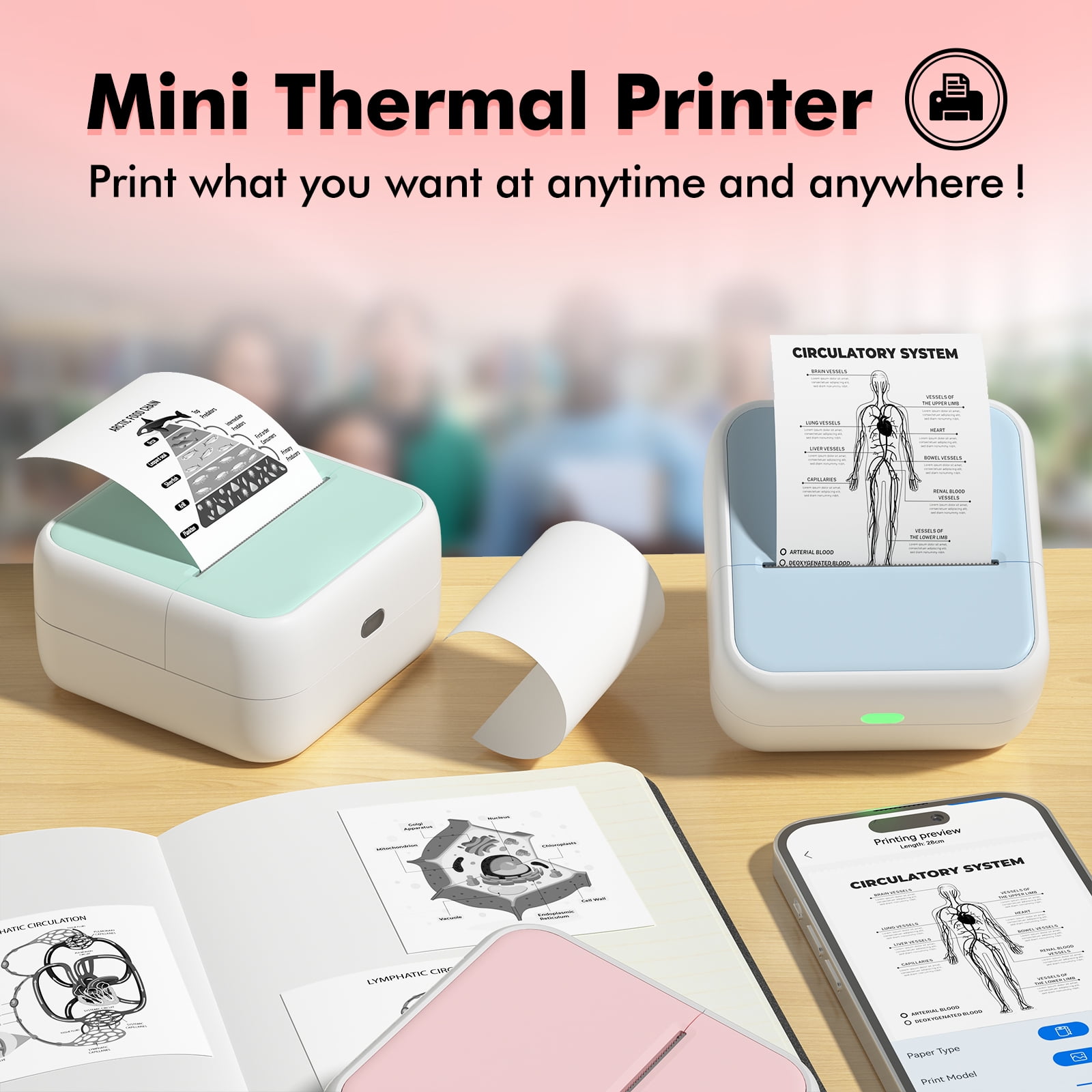 Portable Thermal Printer Inkless Printers Bluetooth  Mini Sticker Maker Machine with 1 Rolls Printing Paper for Study Notes Pictures DIY Label