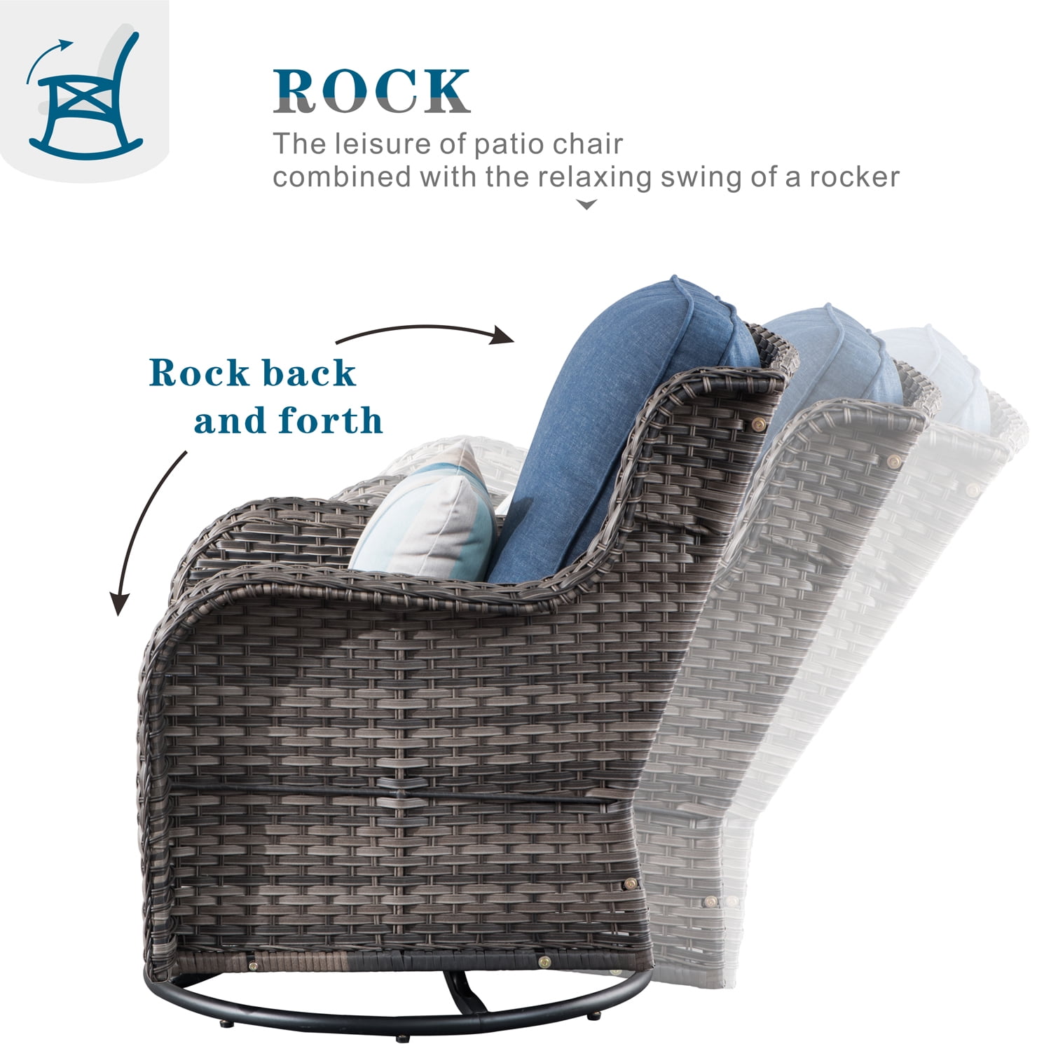 Ovios 3 Pieces Outdoor Furniture Wicker Patio Bistro set with 360 Degree Swivel Chairs and Soft Cushions for Garden Backyard, Denim Blue