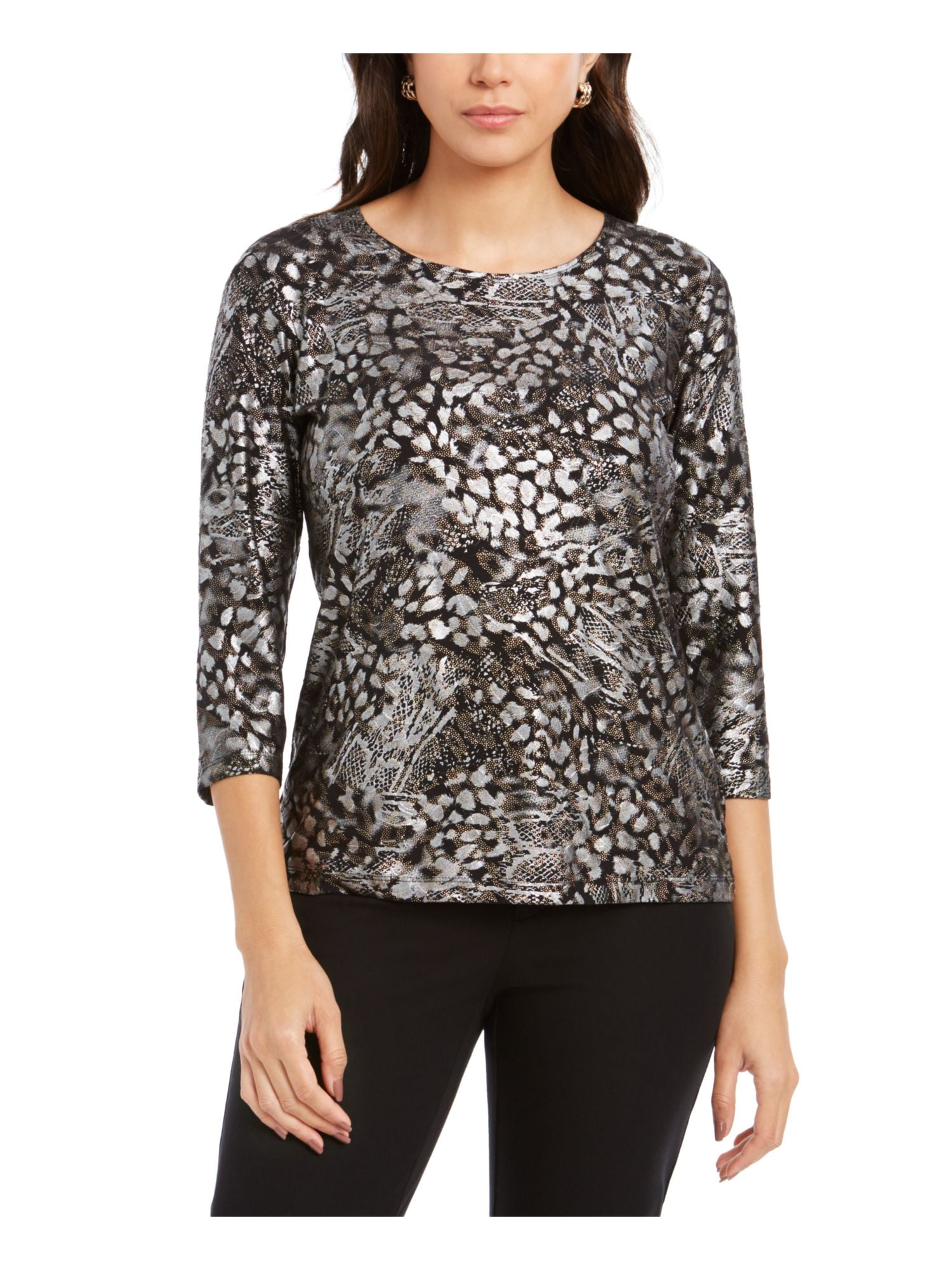 JM COLLECTION 44 Womens New Black Printed 3/4 Sleeve Evening Top PS