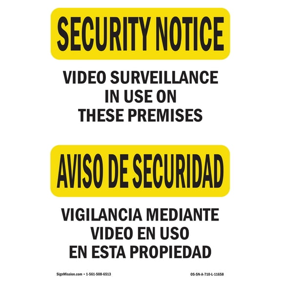 OSHA SECURITY NOTICE Sign - Video Surveillance In Use Bilingual | Plastic Sign | Protect Your Business, Work Site, Warehouse & Shop Area | Made in the USA