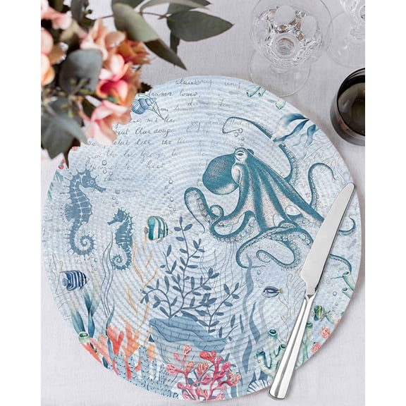 13 Inch Round Placemats Set of 4, Blue Jellyfish Octopus Non Slip Heat Insulation PP Table Mats, Beach Nautical Ocean Coral Seahorse Washable Place Mats for Kitchen Dining Party Table Decor