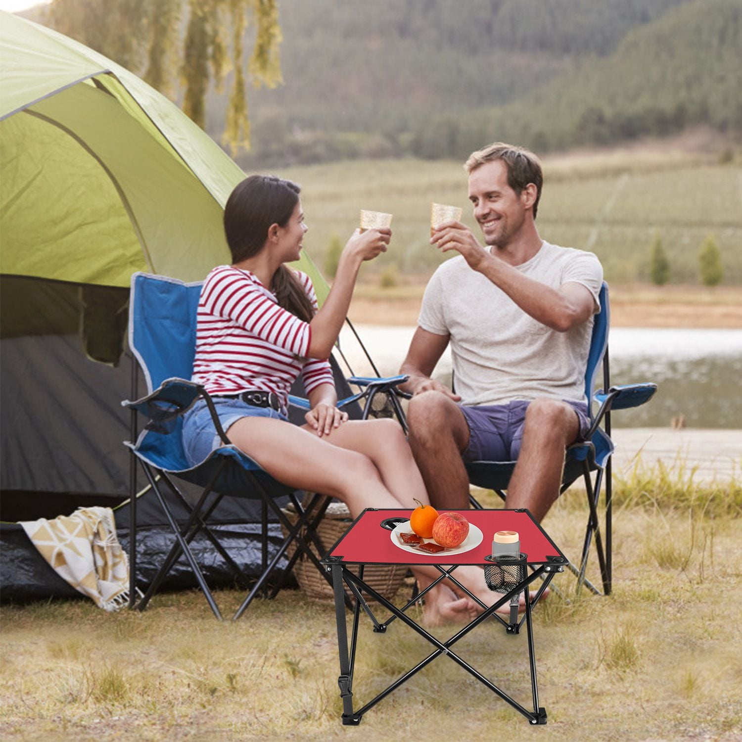Foldable Camping Table Portable Picnic Table Lightweight Travel Desk with 2 Cup Holders Carrying Bag