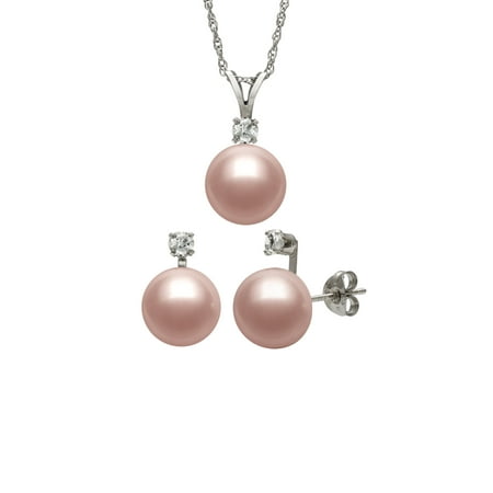 Pink Cultured Freshwater Pearl and White Topaz Pendant and Earring Set, 18"