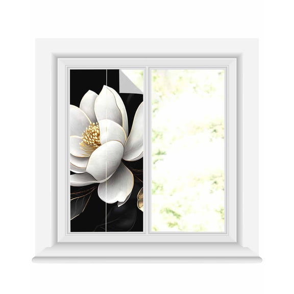 Window Privacy Film Gorgeous Flowers Stained Glass Window Film Decorative Sun Block Window Cover White Gold Floral Botanicals Black Window Clings Static Adhesive Sticker for Bathroom 17.7"x39.3"