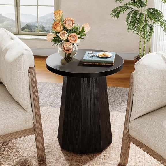 Tribesigns Farmhouse Round End Table, Wooden Couch Side Table with Octagonal Base for Living Room, Bedroom