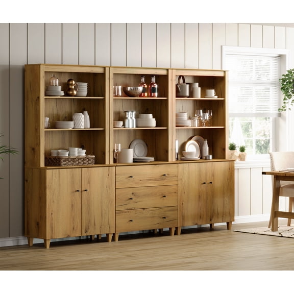 71" Tall Pantry Cabinet Set of 3, Kitchen Storage Pantries with 2 Cabinets and 3 Drawers, Modern Modular Storage Cabinets with Open Display Shelves and Doors for Dining Room, Oak Brown