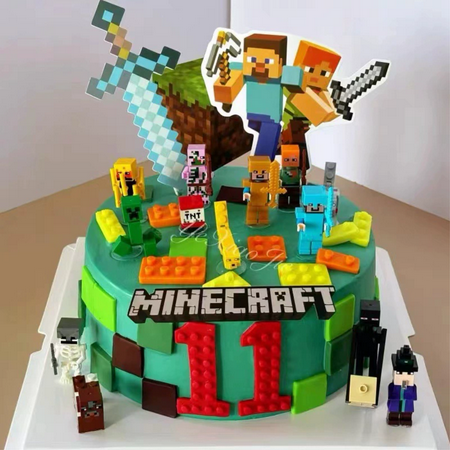 Pixel Game Cake Topper, 4 Pcs Minecraft Cake Decorations Set-Minecraft Birthday Cake Topper for Pixel Game Birthday Party Supplies