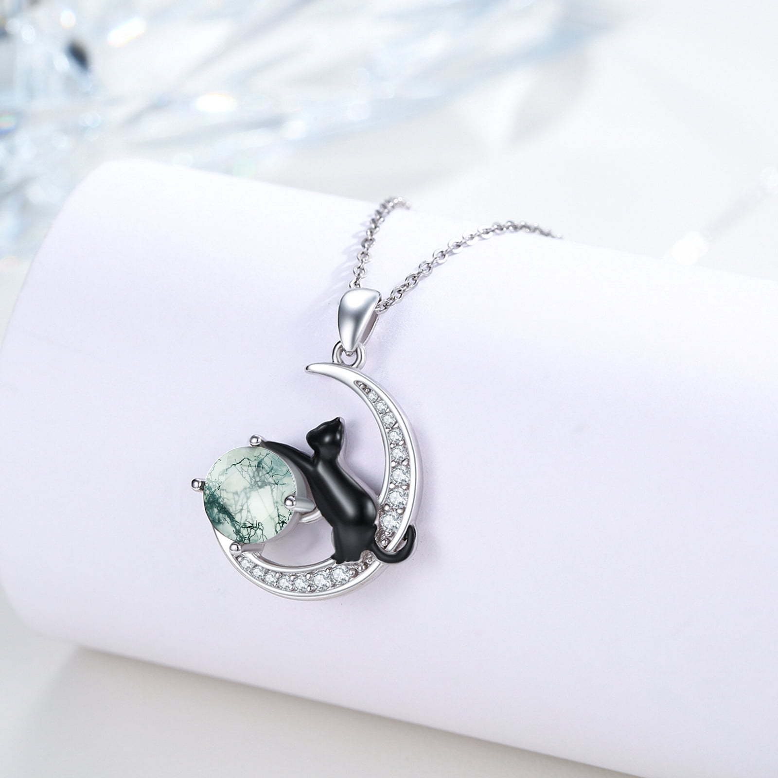 Coachuhhar Cat Necklace 925 Sterling Silver Cute Animal Pendant Necklace Moss Agate Jewelry Gifts for Women