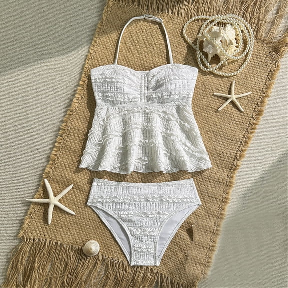 Girl's 2 Piece Bikini Sets Ribbed High Stretch Tankini Halter Swimsuits Beach Bathing Suits Black