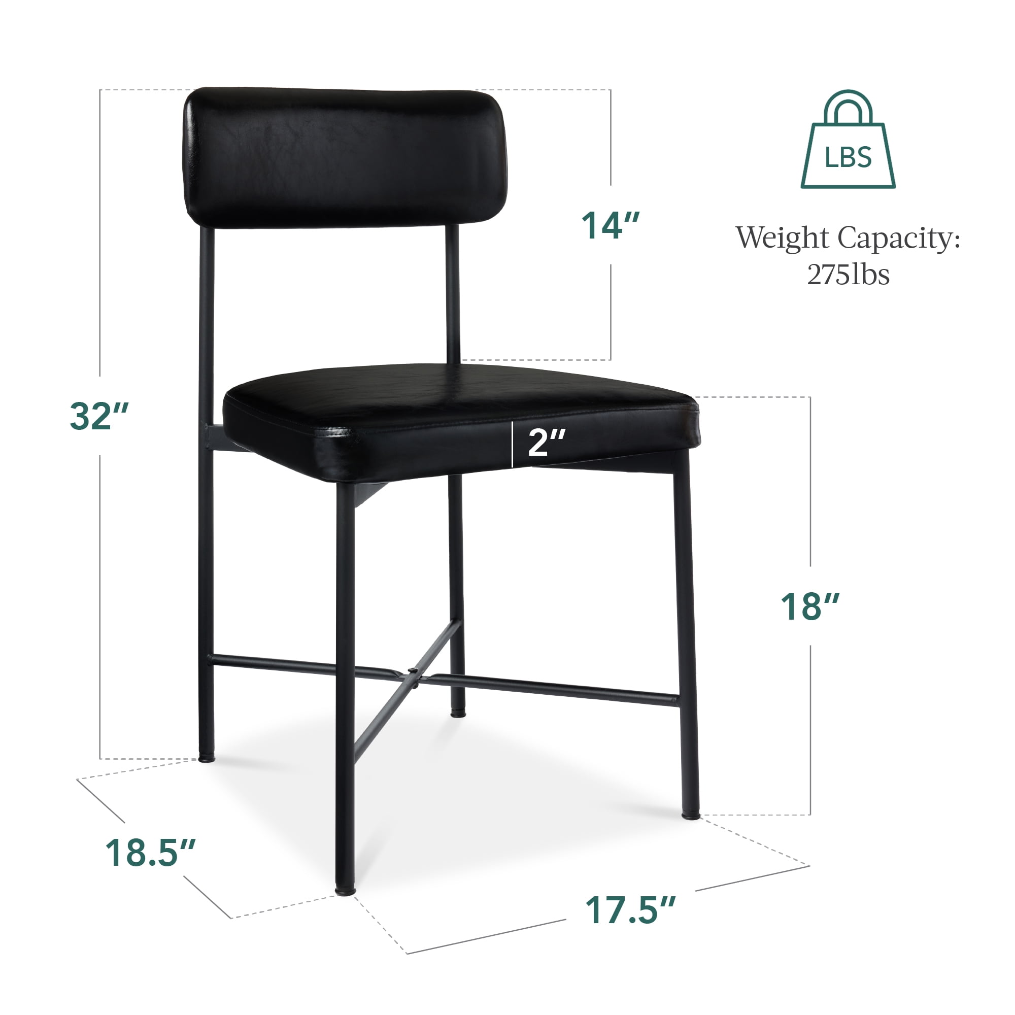 Best Choice Products Faux Leather Dining Chair Set of 2, Standard Height w/ Metal Frame - Midnight Black