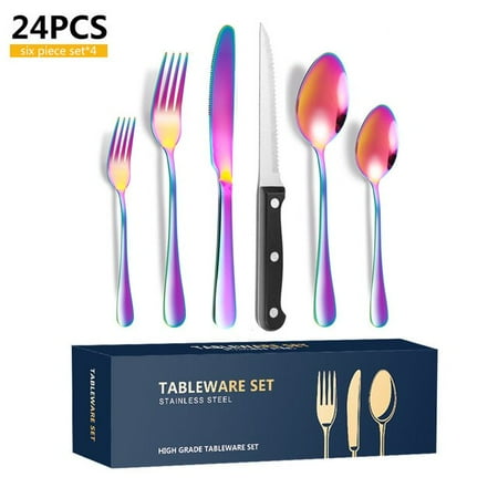 

dosili Explosive Pattern Stainless Steel Tableware 24 Sets of Creative Printing Tableware Western Steak Knife Fork and Spoon Set