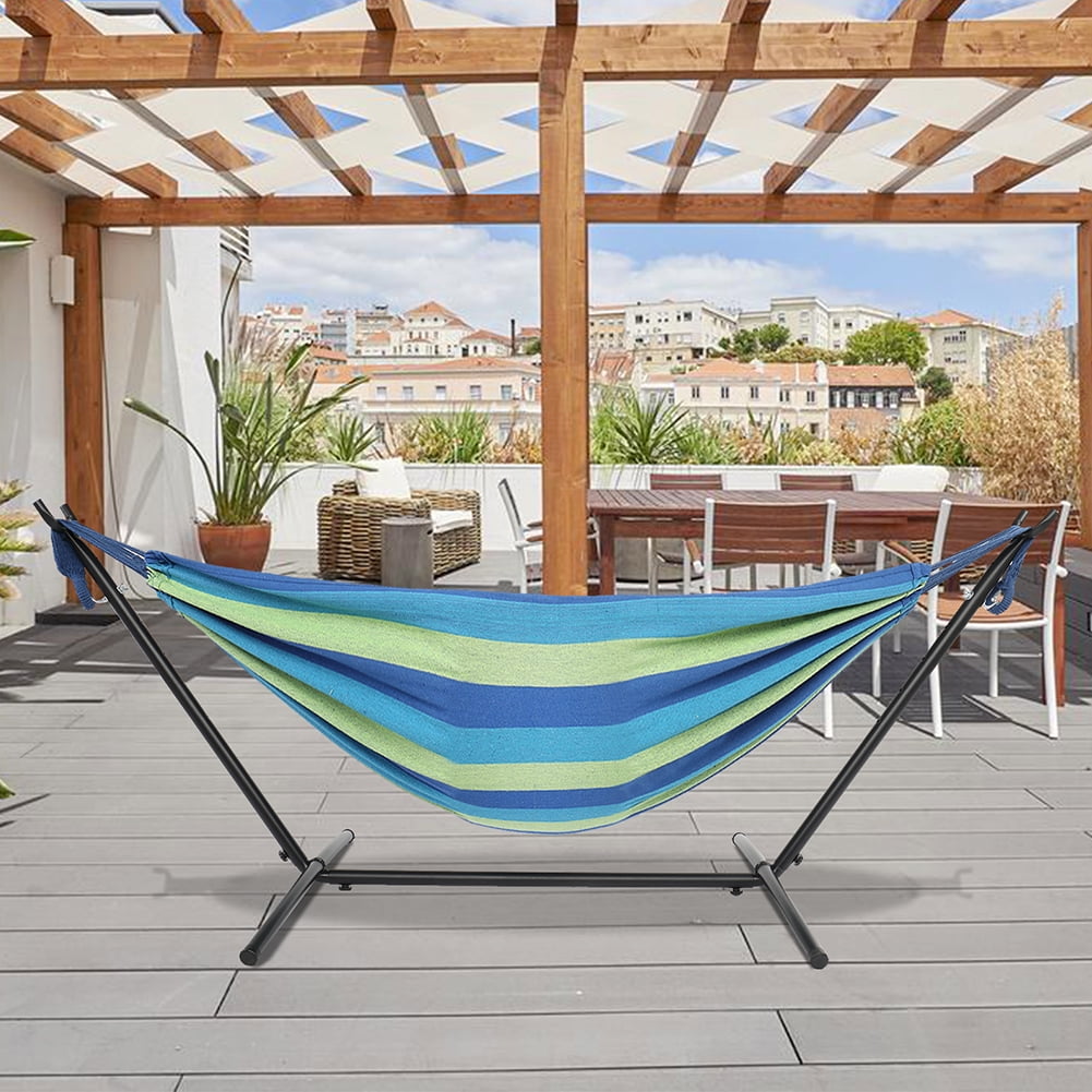 Lowestbest 9ft Steel Pipe Hammock Frame with Cotton Hammock, Natural Rope Iron Hammock Set For Garden, Outdoor, Blue Lowestbest 9ft Steel Pipe Hammock Frame with Cotton Hammock, Natural Rope Iron Hammock Set For Garden, Outdoor, Blue