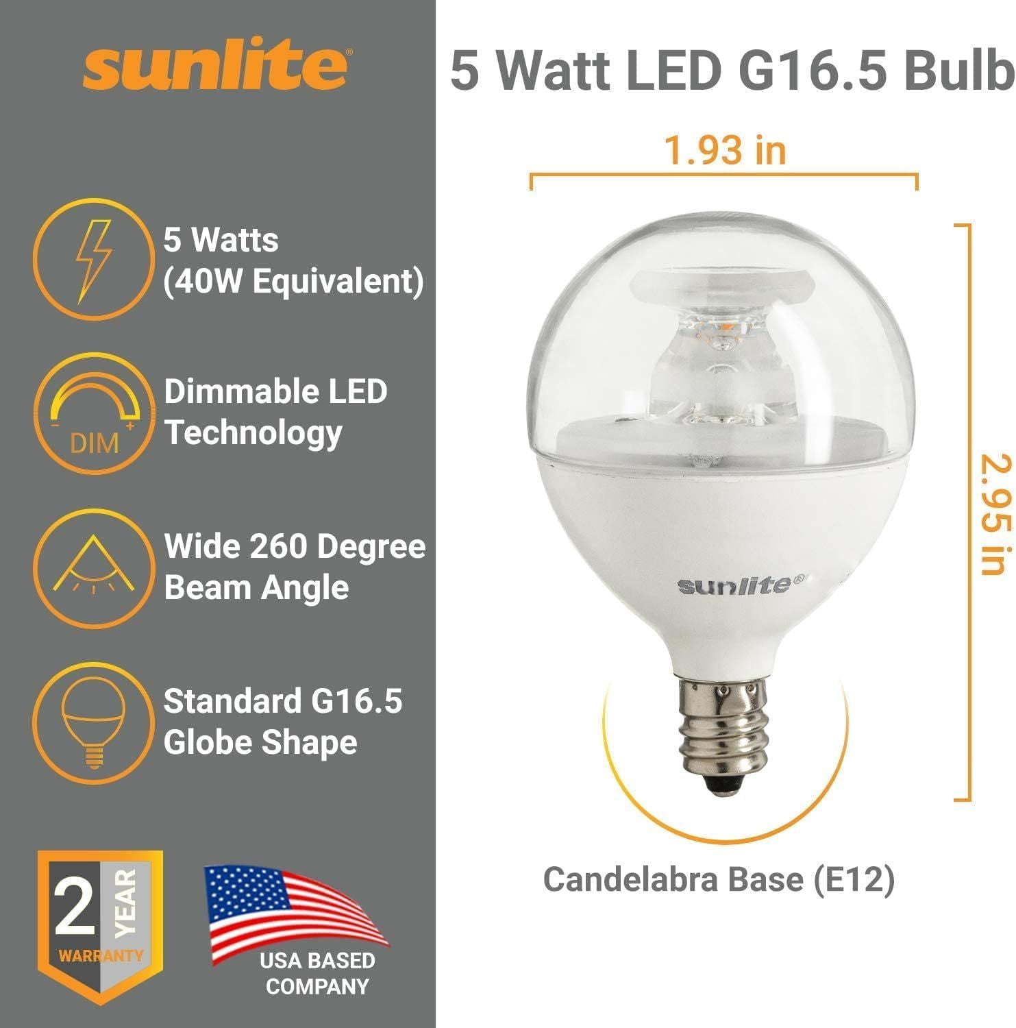 Sunlite LED G16.5 Globe Light Bulb, 5 Watts (40W Equivalent), Candelabra E12 Base, Dimmable, Clear, UL Listed, 2700K Soft White, 6-Pack