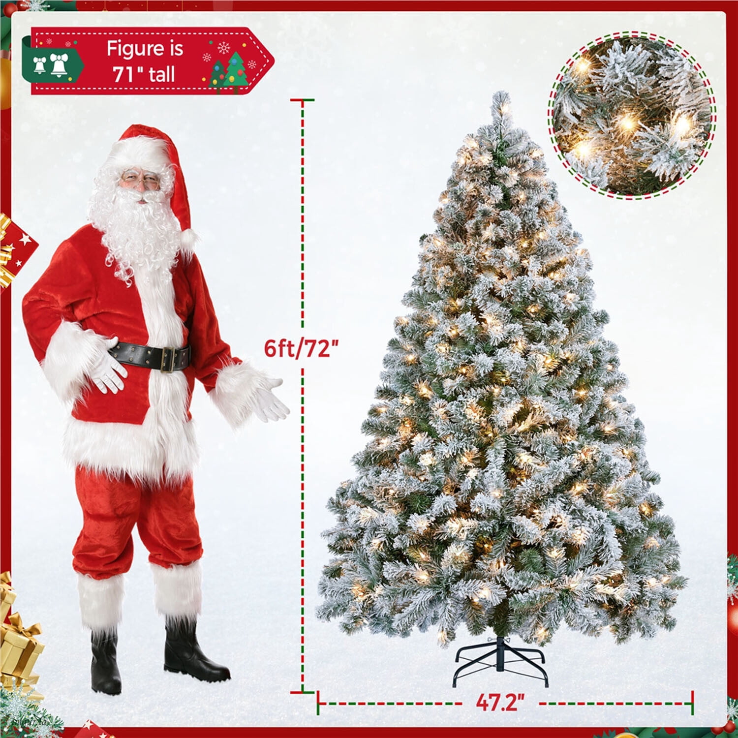 Alden Design 6FT Pre-lit Flocked Artificial Christmas Tree with Warm Lights and Foldable Stand,Green&White