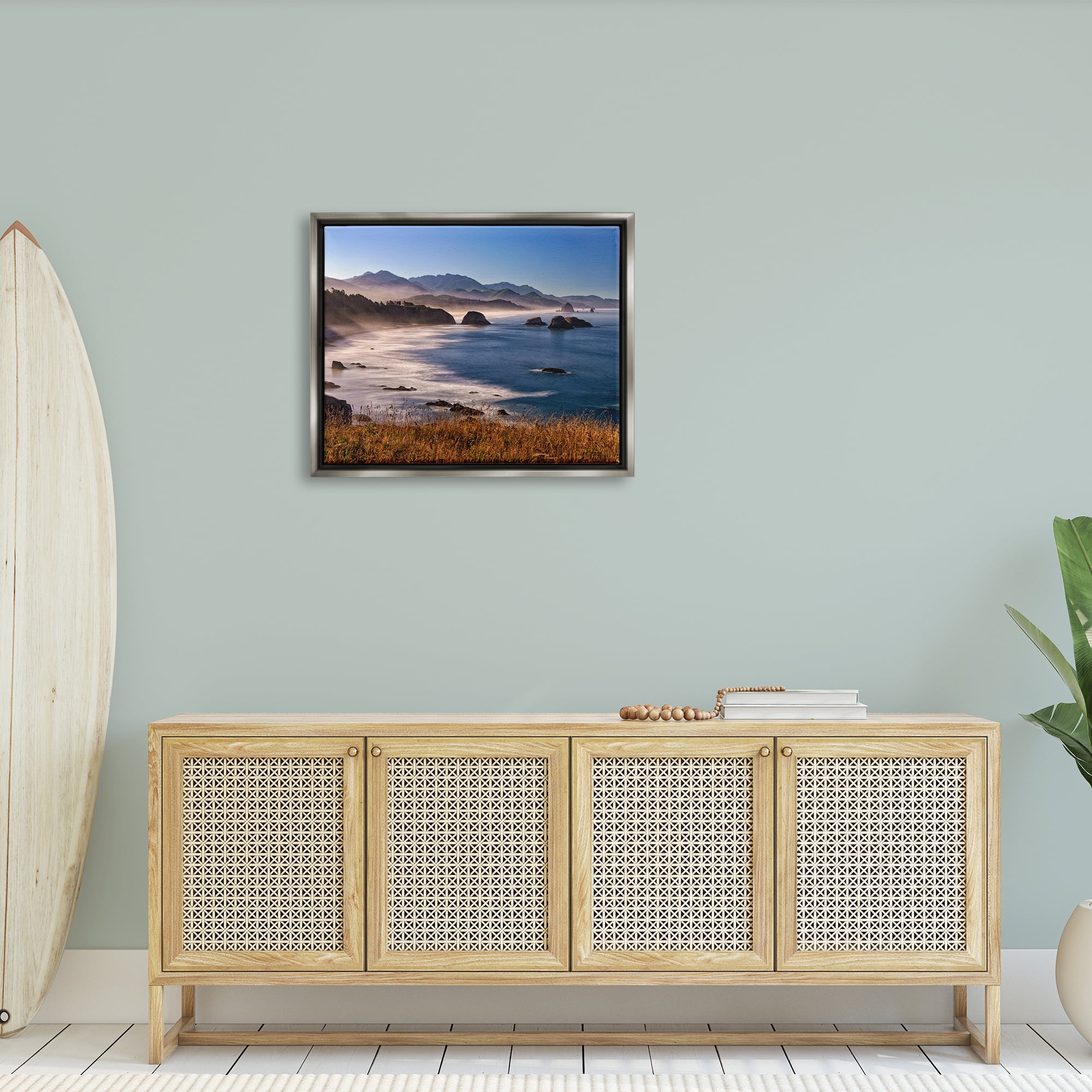Stupell Rocky Shore Coastal Mountain Peaks Landscape Photography Gray Floater Framed Art Print Wall Art