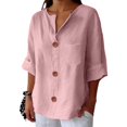 thumbnail image 6 of Cotton Linen Shirts For Women V Neck 3/4 Sleeve Blouse Cotton Boho Tops Summer Linen Tops Linen Clothing For Women Flowy Tops For Women Womens Gauze Tops Womens Summer Tops Office Work Tops Pink S, 6 of 6