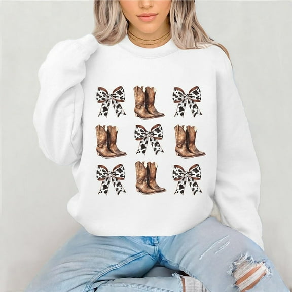 Boots and Bows Cowgirl Sweatshirt – Retro Western Fall Crewneck, Cozy Autumn Pullover, Cute Rodeo Thanksgiving Season Sweater