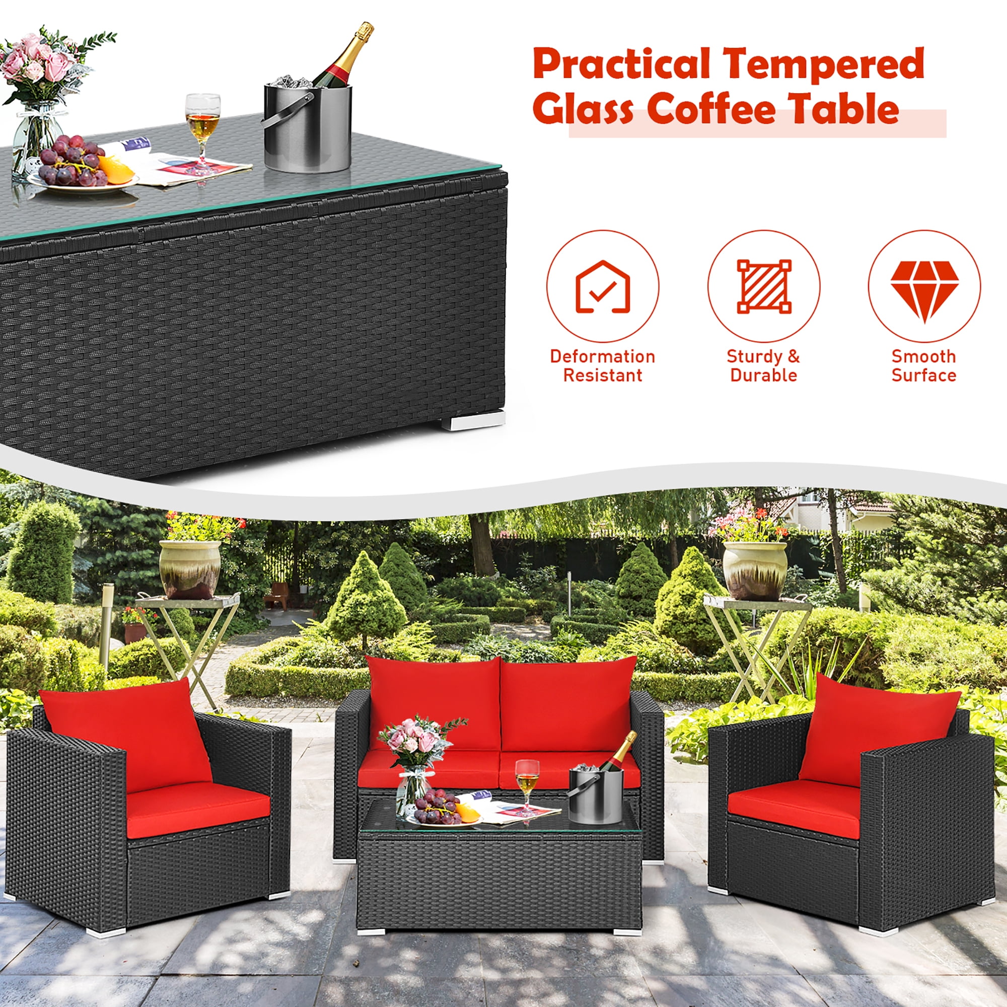 Costway 4PCS Patio Rattan Furniture Set Cushioned Sofa Chair Coffee Table Garden Red