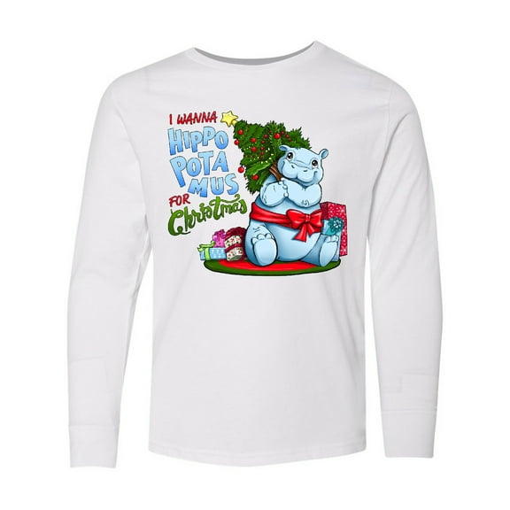 Inktastic I Wanna Hippopotamus for Christmas- Cute Hippo Long Sleeve Youth T-Shirt