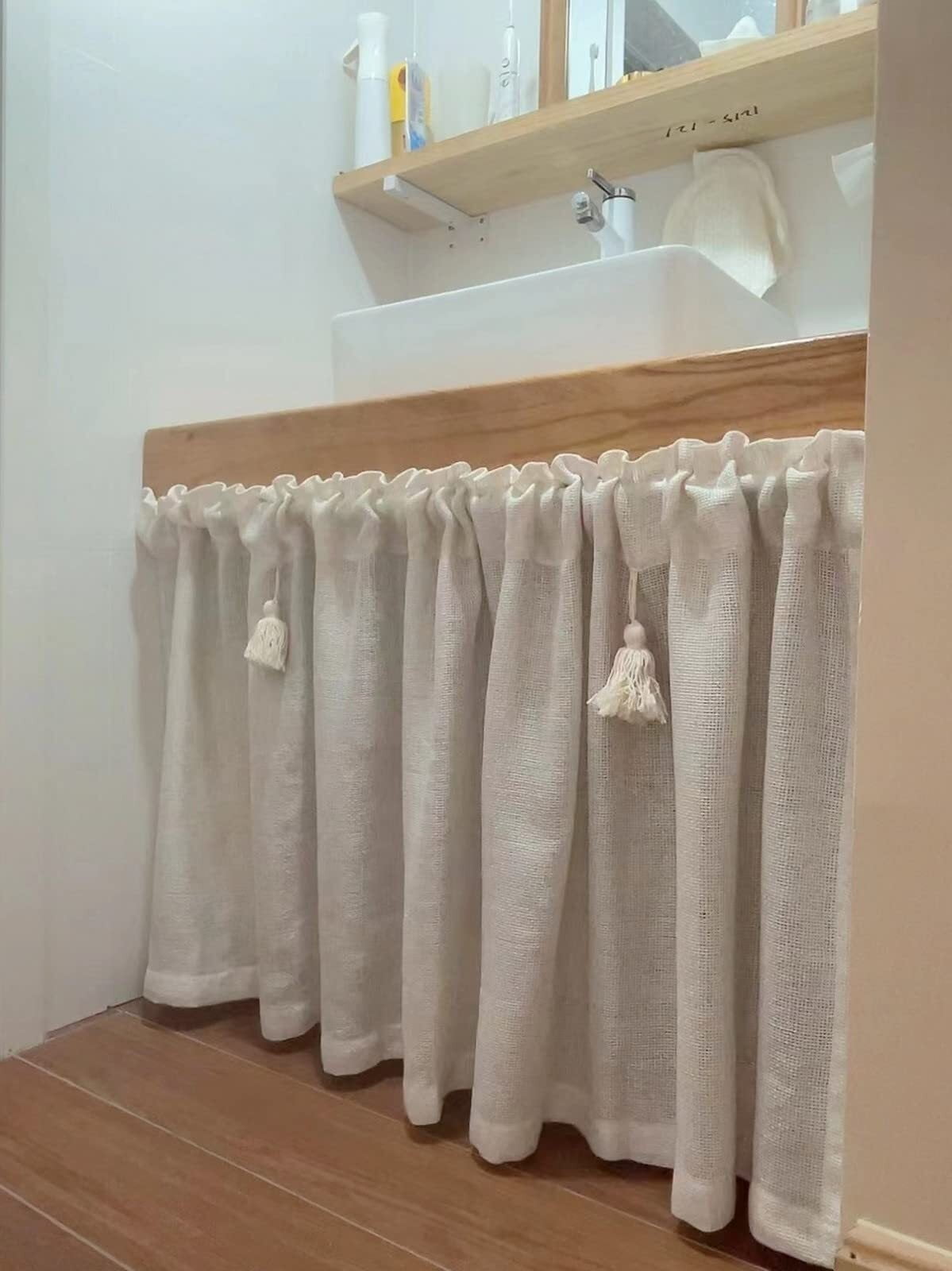 Kitchen Under Sink Solid Beige Linen Cotton Semi-Transparent Half Short Curtain for Small Window Door With Tassels, Rod Pocket