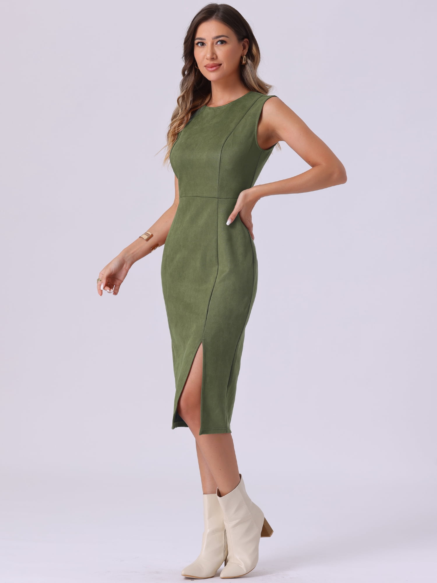 DARING DIVA Faux Suede Sleeveless Split Hem Dress Small Army Green
