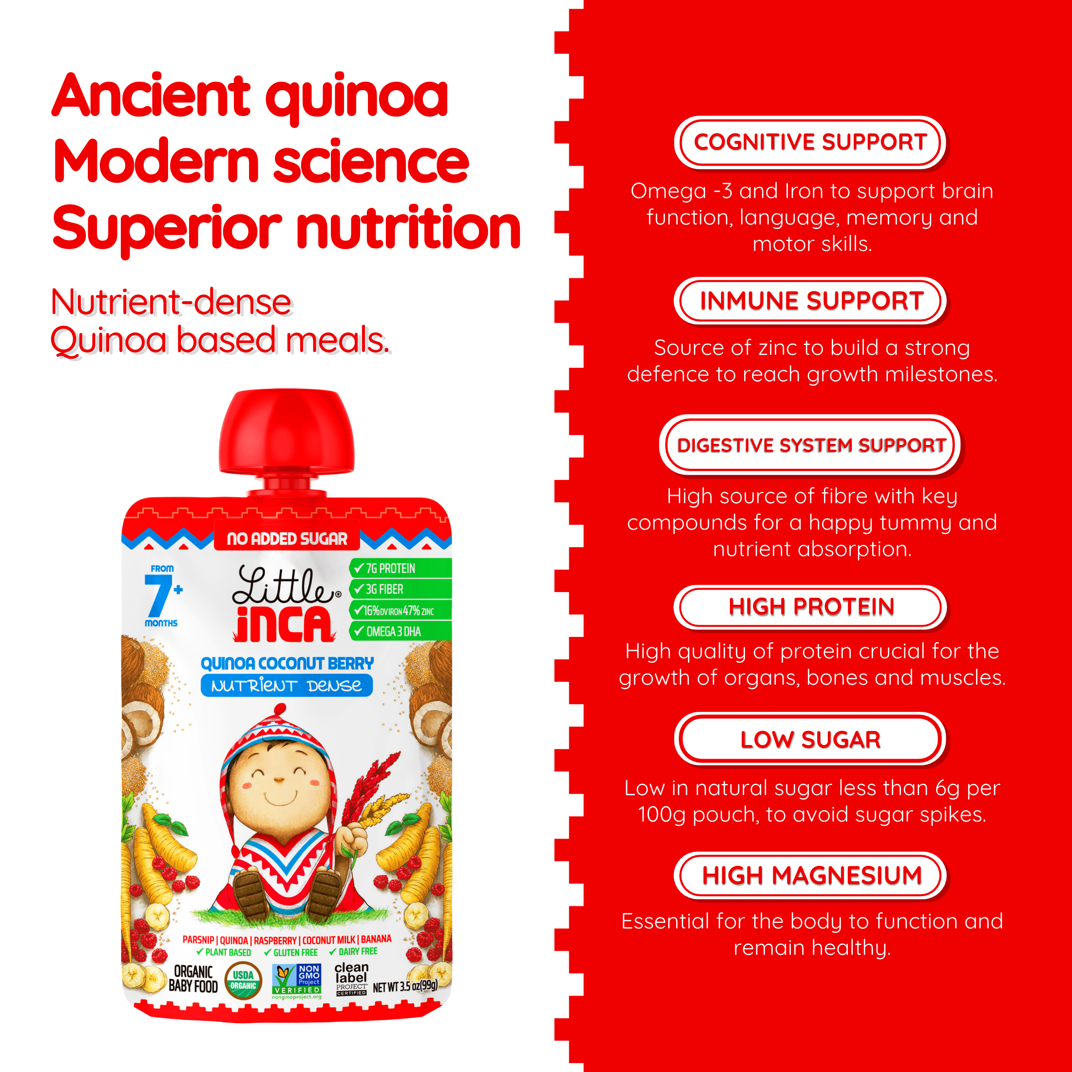 Little Inca Stage 2 Baby Food Pouches, Quinoa Coconut Berry Baby Puree, Plant Based High Protein, Dairy-Free, 6 x 3.5oz