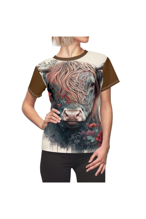 Highland Cow with Flowers Brown Women's AOP Cut & Sew Tee Size: XS-2XL