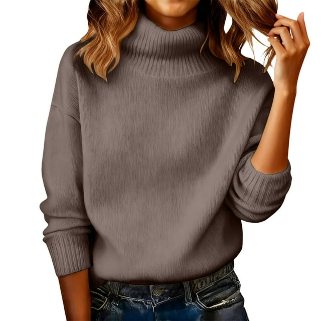 Comdrip Chandails Confortables pour Femmes Chandails Surdimensionnés Confortables en Tricot Col Rond Automne Chandail Tendance Tenues d'Automne Chandail Col Roulé Femmes, Marron G