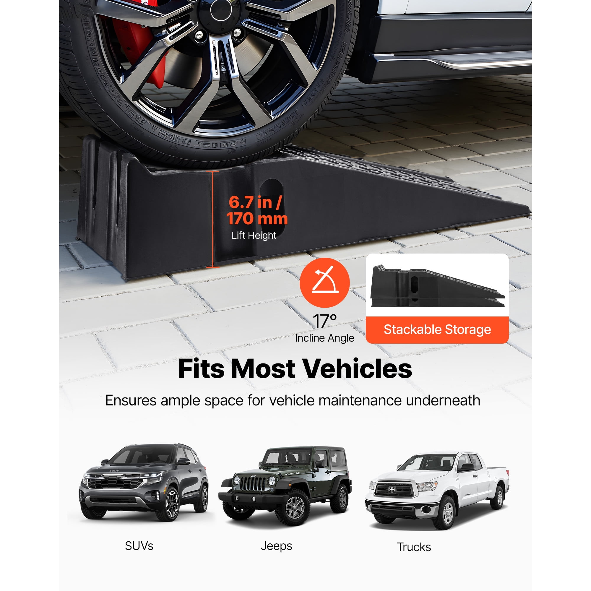 KFFKFF Portable Car Ramps, Set of 2 with 16000 lbs Load Capacity, 6.7-inch Lift Height, Durable Service Ramps for Garage Maintenance, Oil Changes, and Vehicle Repairs, Suitable for Trucks, SUVs
