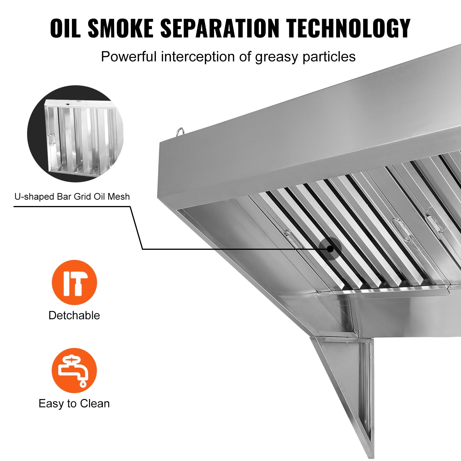 KFFKFF Range Hood, 5ft Commercial Stainless Steel Wall Mounted Exhaust Hood, with 2 Removable U-shaped Grease Filters, Durable and Resists Corrosion, Ideal for Restaurant