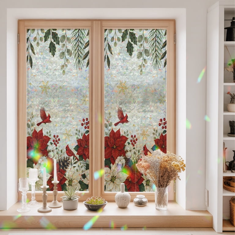 Christmas Poinsettia Pinecone Cardinal Window Privacy Film,Heat Control ...