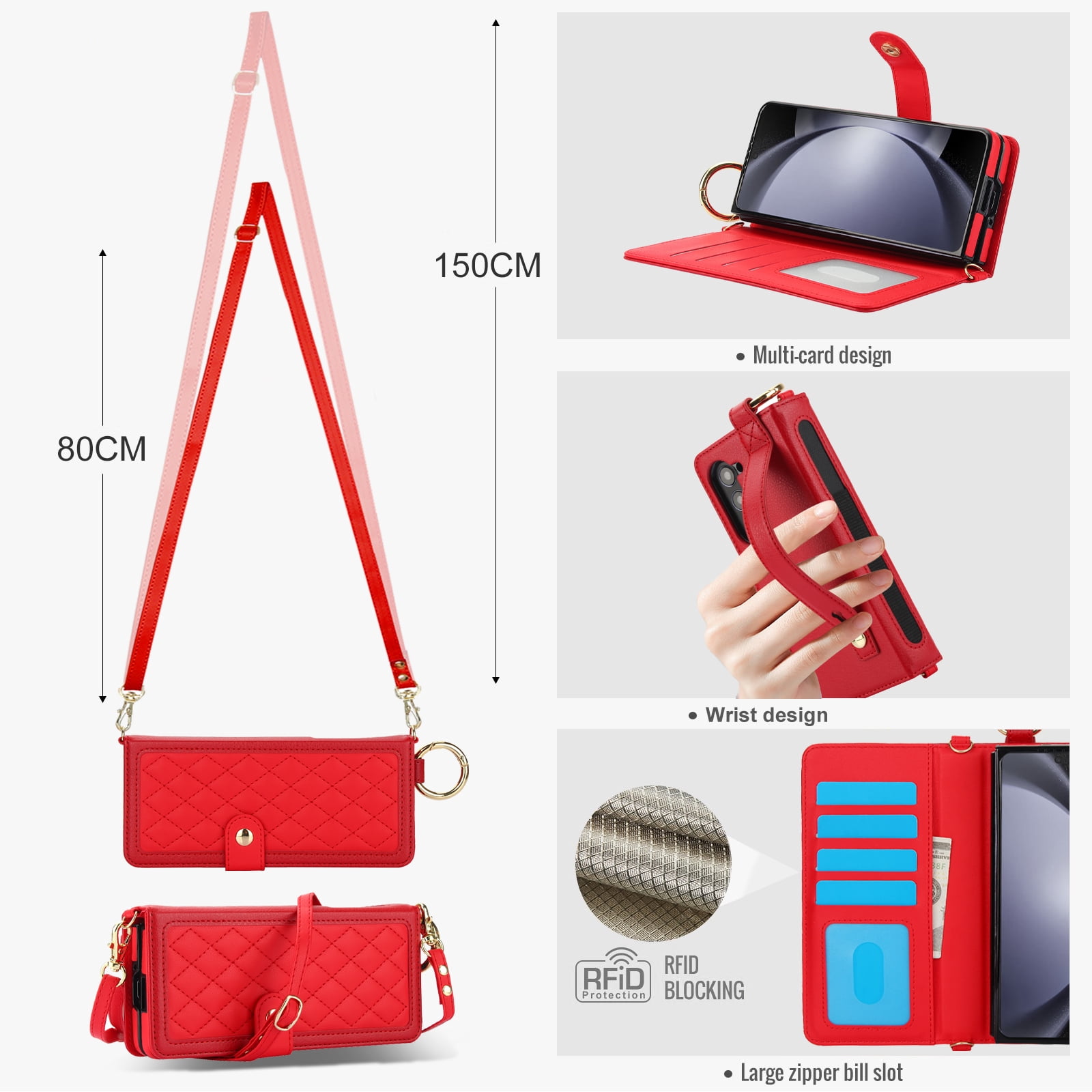 REQO Flip Phone Case for Samsung Galaxy Z Fold 6,Multifunctional Leather Wallet Cover with Wrist Strap Long Shoulder Strap RFID Blocking Case,Red