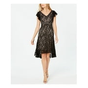 TAYLOR Womens Black Stretch Lace Zippered Flutter Sleeve V Neck Midi Evening Hi-Lo Dress 2