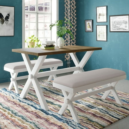 Topmax 3 Pieces Farmhouse Rustic Wood Kitchen Dining Table Set With 2 Upholstered Benches And Classical Rectangular Waterproof Space Saving Furniture White Beige Accuweather Topmax 3 Pieces Farmhouse Rustic Wood, Rustic Farmhouse Dining Table Set With Bench