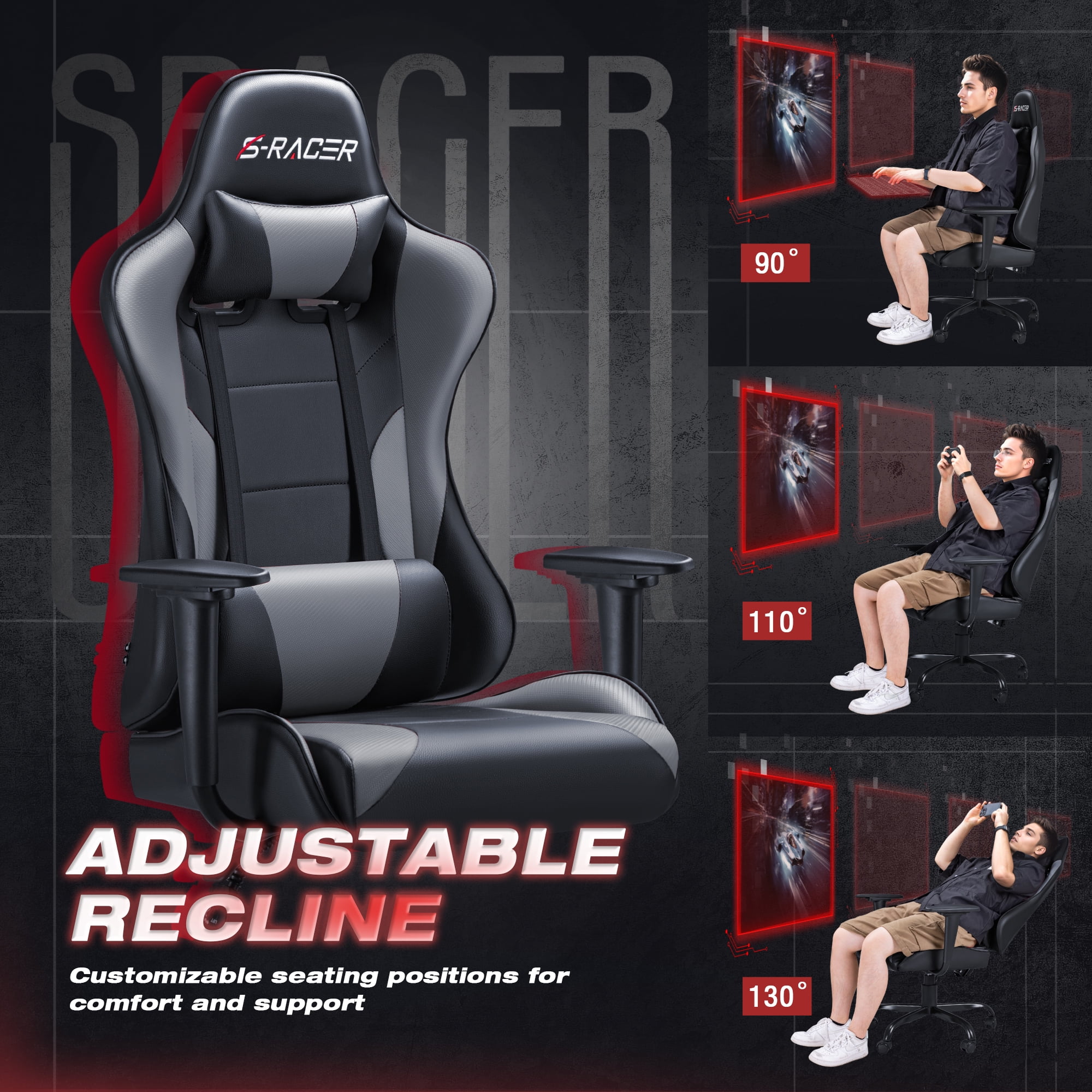 Homall Gaming Chair Office Chair High Back Racing Computer Chair PU Leather Adjustable Seat Height Swivel Chair Ergonomic Executive Chair with Headrest, Gray