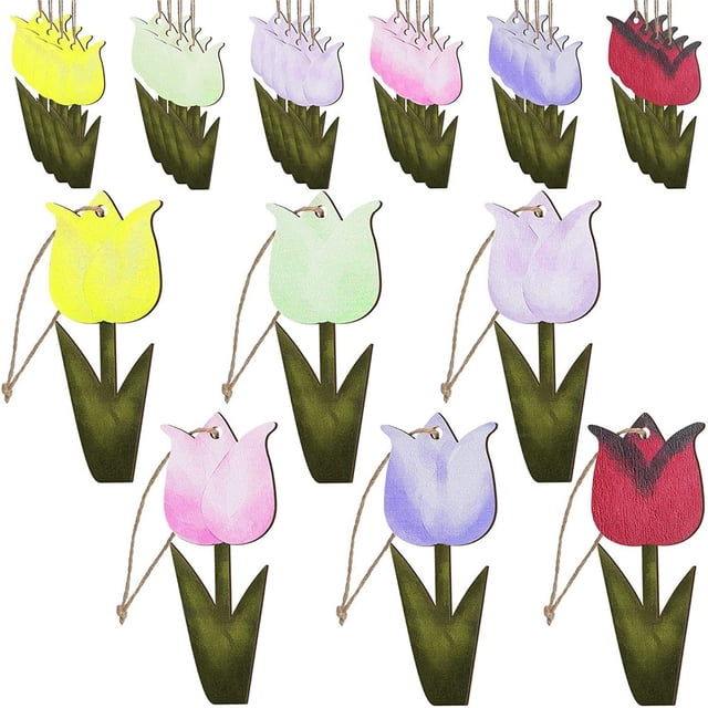 Pompotops Set Of 6 Wooden Hanging Flower Ornaments - Decor - Spring Easter Clearance