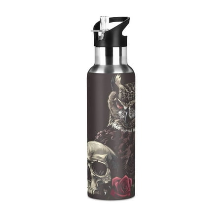 

ALAZA Owl Flowers Skull Water Bottle Insulated Flask Stainless Steel Straw Lid 20 oz