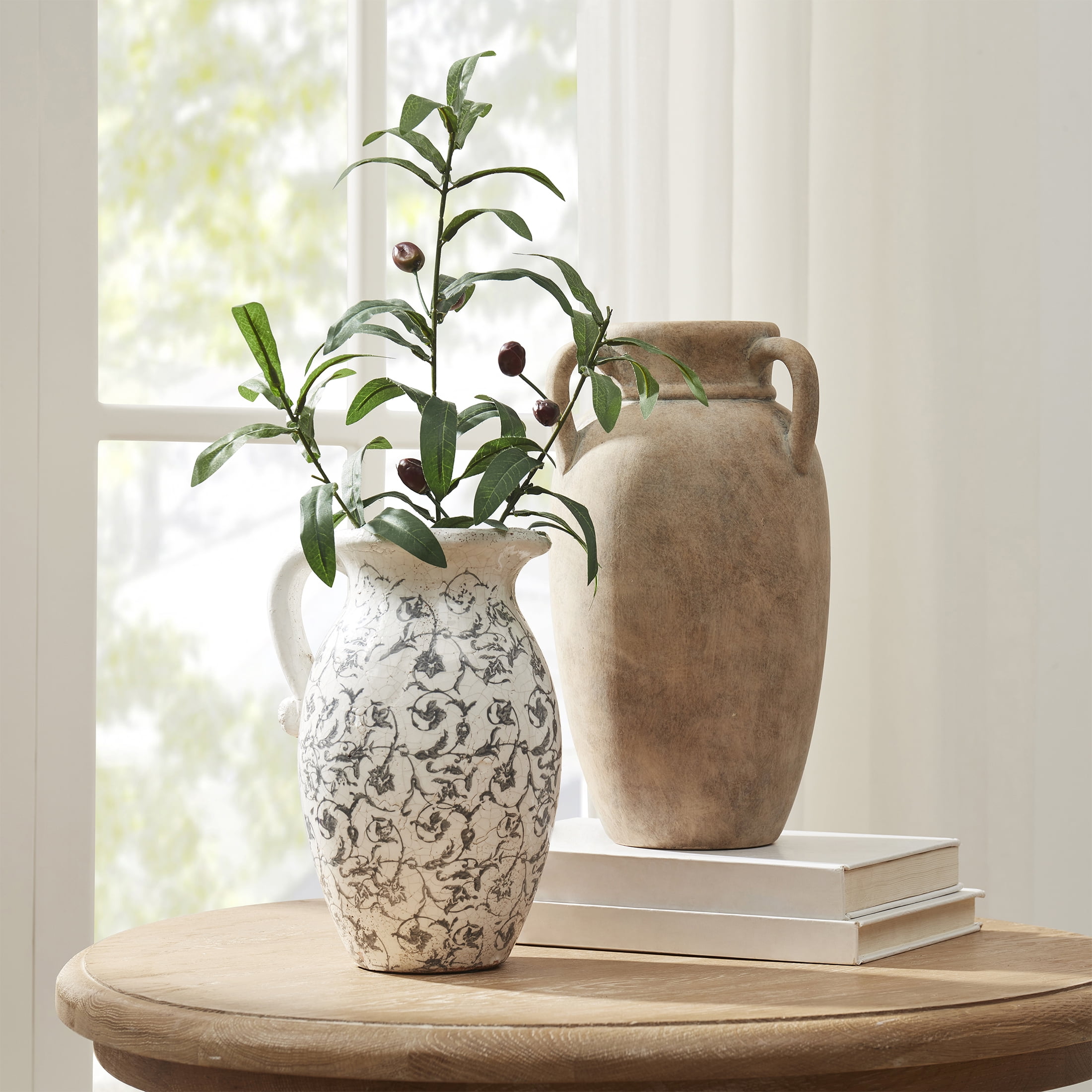 My Texas House 9" Ivory Scroll Pattern Ceramic Pitcher Vase