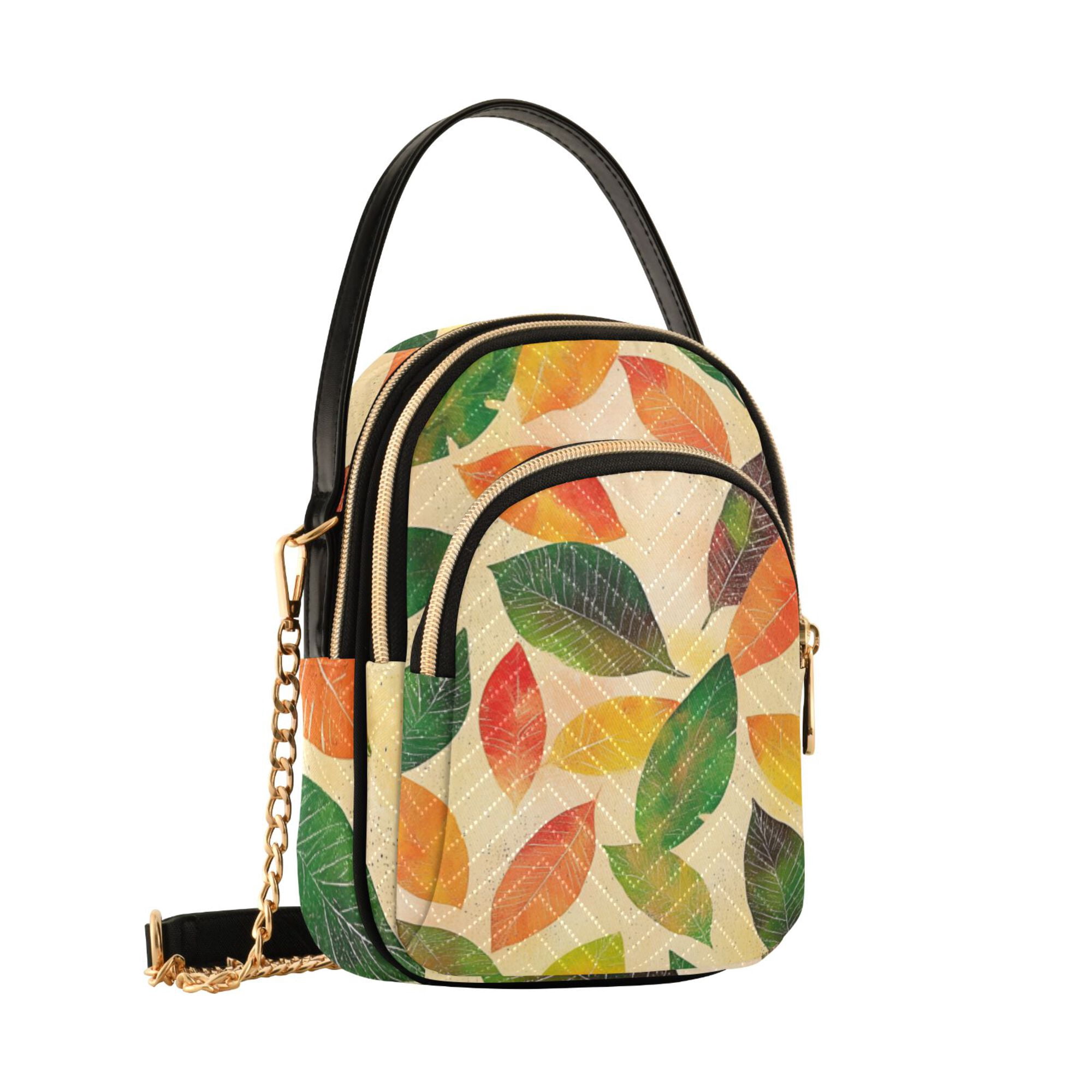 FORMRS Crossbody Bag for Women Quilted Travel Shoulder Cell Phone Purse with Chain Strap Handbag, Green Retro Autumn Leaves