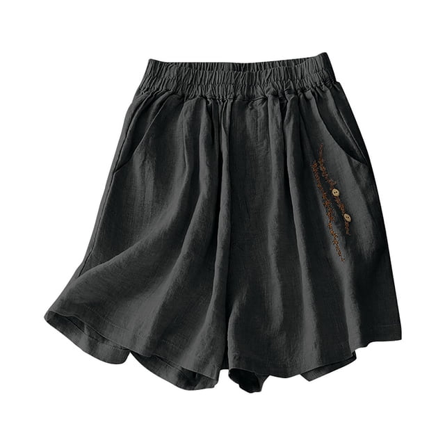 Timegard Womens Cotton Linen Shorts Wide Leg Elastic Waisted Solid Color Casual Half Pants with Pockets