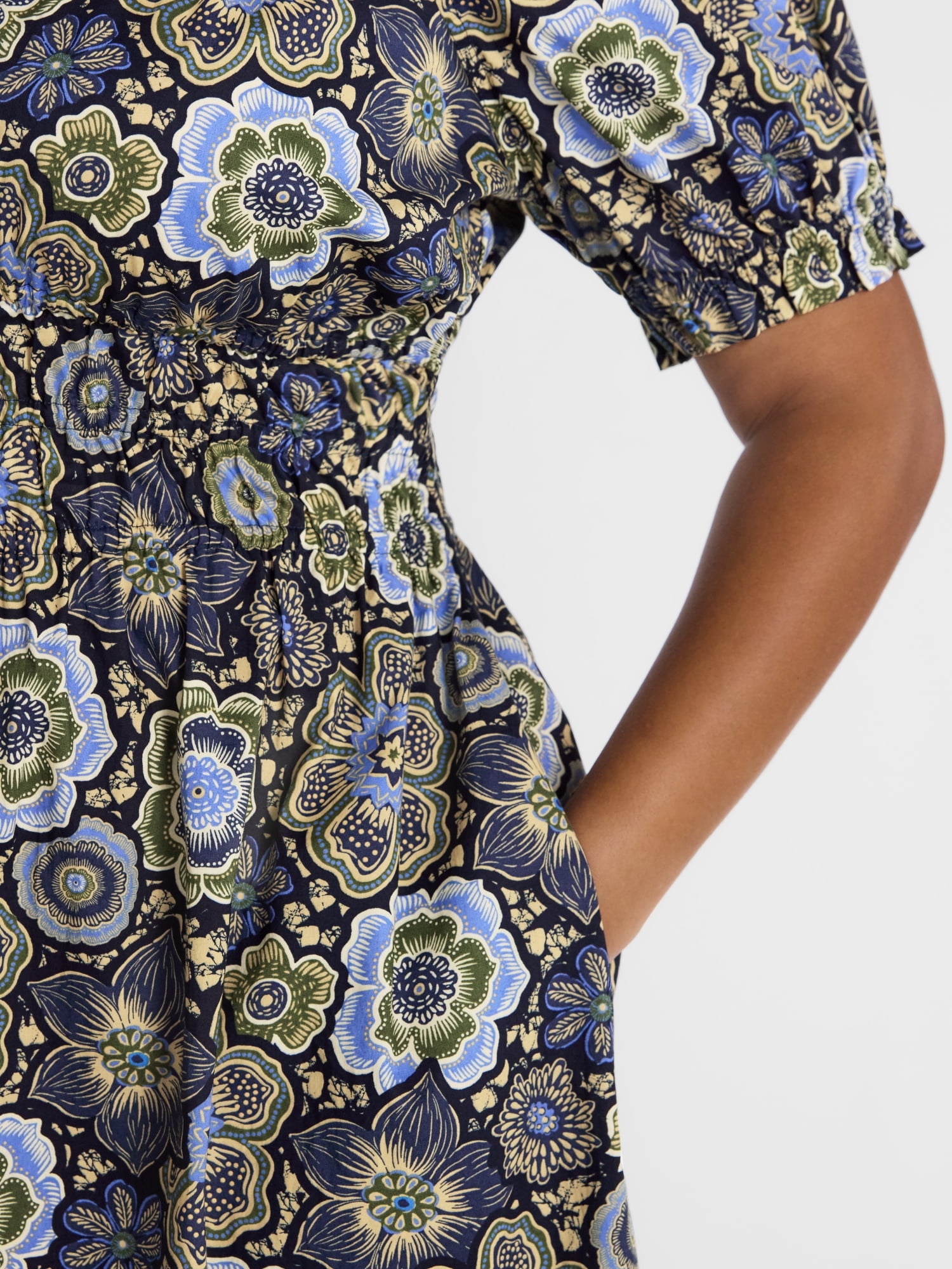 Terra & Sky Women's Plus Smocked Cotton Midi Dress with Short Puff Sleeves, Sizes- 0X-5X