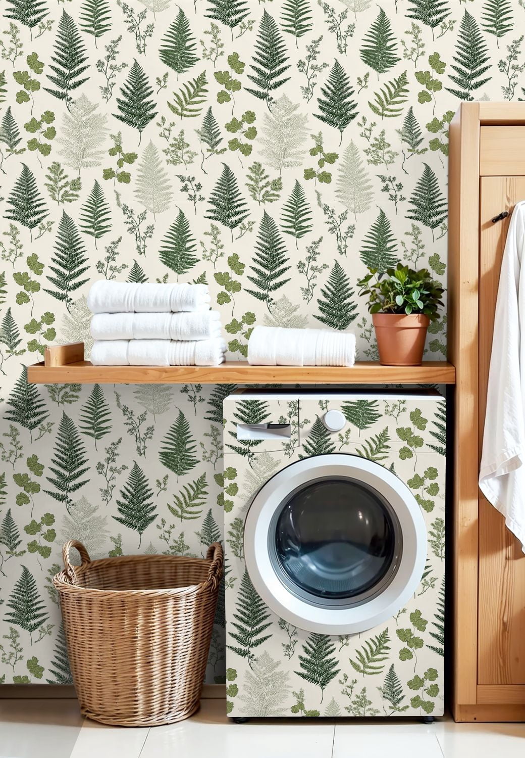 Vintage Peel and Stick Wallpaper Vintage Botanical Fern Leaf Green Beige Wall Mural 17.7in x 9.8ft Self Adhesive Removable Wall Paper Renter Friendly Wallpaper for Nursery Bedroom Cabinets